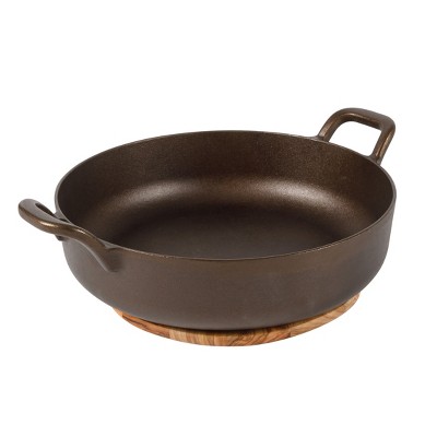 Bloomhouse Natural Bronze Finish 13-Inch Round Cast Iron Everyday Pan & Olive Wood Trivet