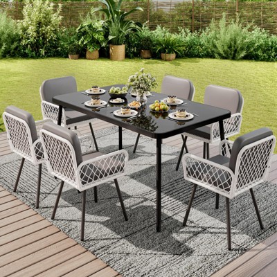 59'' Kitchen & Dining Room Tables, Heavy Duty Metal Dining Table with Built-in Tempered Glass Tabletop