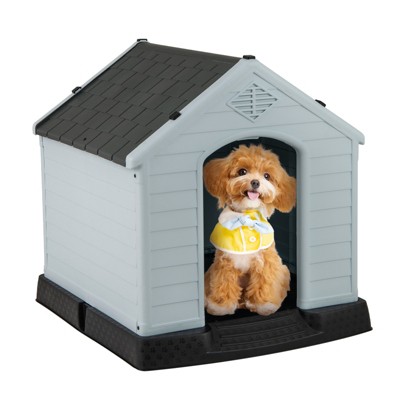 Costway Enduring Waterproof Plastic Dog House w/Sloping Roofs Indoor Outdoor Dog House Gray