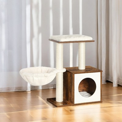 WoodyWonders Cat Tree for Kittens, Modern Cat Tower for Indoor Cats, Cat Condo with Scratching Posts, Removable Washable Cushions, Rustic Brown