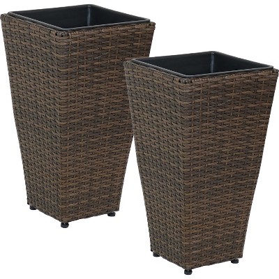 Sunnydaze Modern Decorative Standing Square Polyrattan Planter Containers - Brown - 2-Pack