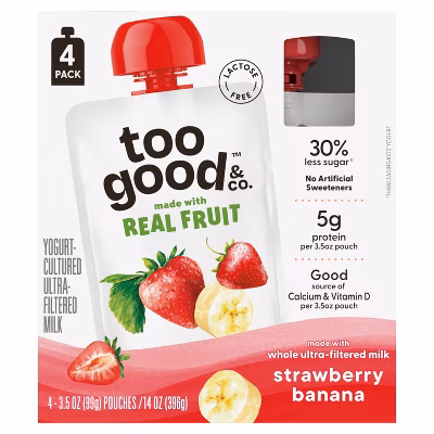 Too Good & Co. Kids' Banana & Strawberry Traditional Yogurt Pouches - 14oz/4ct