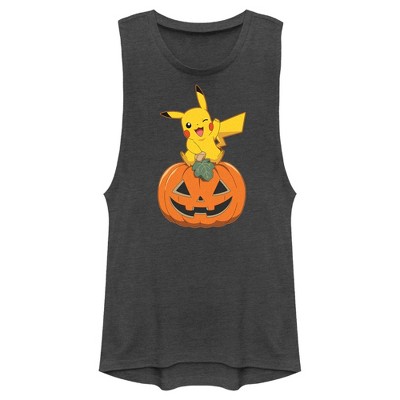 Juniors Womens Pokemon Halloween Jack-O'-Lantern Pikachu Festival Muscle Tee