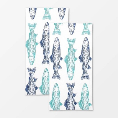2pk Designer Fish Print Towel Turquoise/Navy - MU Kitchen: Cotton, Absorbent, Bohemian Style, 20x30"