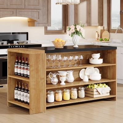Tribesigns 55" Kitchen Island with 5 Shelves, Farmhouse 5-Tier Stationary Island Table, Wood Bar Table Storage Cabinet with Countertop