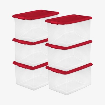 Sterilite 64 Qt Latching Storage Box, Stackable Bin with Latch Lid, Organize Holiday Decor in Closet, Clear Base with Red Lid