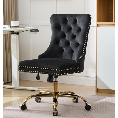 RISOKEYS Velvet Upholstered High Back Desk Chair,360° Swivel Adjustable Height Office Chair,with Golden Metal Base for Home Office,Study
