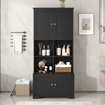 Akoasm Wide Floor Bathroom Storage Cabinet With Drawers, Open multi-layer & Adjustable Shelves-Black