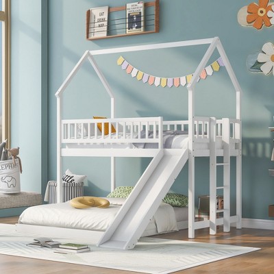 NicBex Twin over Full Bunk Bed Classic House Shape Pinewood Frame Bed Frame with Slide, Ladder and Guardrails, No Box Spring Required
