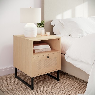 Flash Furniture Malaki Mid-Century Modern Nightstand or End Table with Rattan Accented Drawer, Open Upper Shelf, and Metal Legs