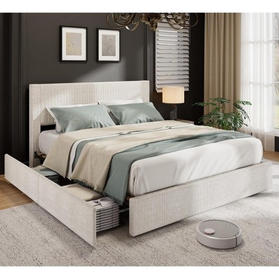 Bed Frame with Tall Tufted Wingback Headboard, Platform Velvet Upholstered Full Bed Frame with 4 Storage Drawers and Wooden