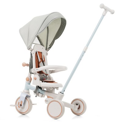 7-in-1 Foldable Baby Tricycle,Toddler Trike with Parent Handle,Canopy,Guardrail & Removable Pedals,Push Bike for Kids 12-72 Months-3irtyhousy