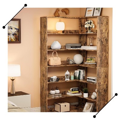 Jojoka 6-Tier Tall Corner Bookcase with Baffles, L-Shaped Modern Industrial Display Bookshelf