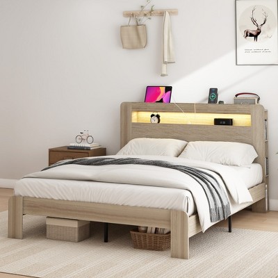 TiramisuBest Queen Size Wood Platform Bed Frame with Storage, LED Headboard, 2 USB, Noise Free, No Box Spring