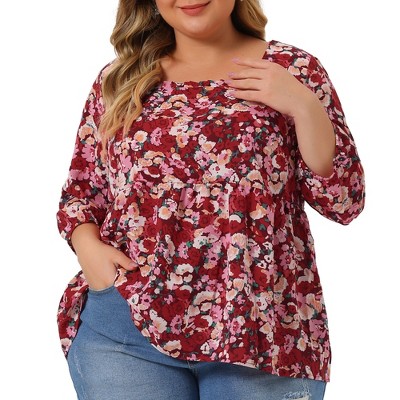 Agnes Orinda Women's Plus Size 3/4 Sleeve Square Neck Floral Peplum Babydoll Blouses