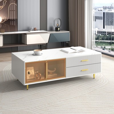 KTMBDW Modern Coffee Table with 4 Drawers, Rectangle Center Tables with 2 Glass Door Storage, Suitable for Living Room, Apartment