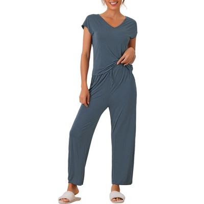 cheibear Women's Short Sleeve Top with Long Pants Modal Casual 2 Piece Loungewear Set