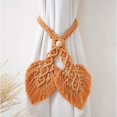 Natural wood bead cotton leaf curtain tieback- Tree City