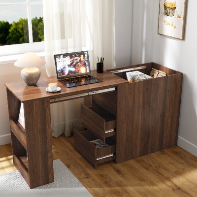 Lyngins Reversible L-Shaped Computer Desk– 6 Drawers + 3-Tier Shelf, Modern Corner Home Office Desk with Reversible Storage Cabinet, Small Desk