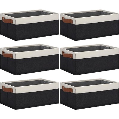 Aoibox Fabric Storage Bins with Faux Leather Handles Foldable Organizer Baskets for Shelves Closets Black White 6 Pack
