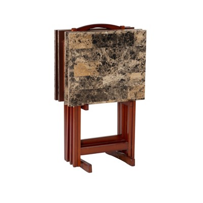 Linon Faux Marble Tray Table Set