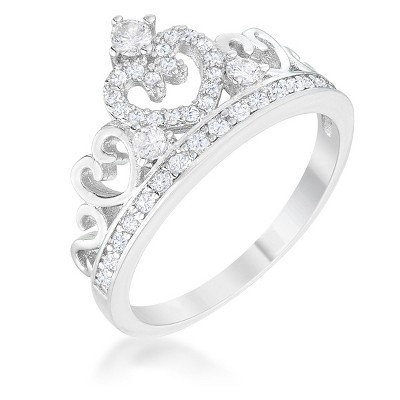 Slickblue Women’s 0.34ct CZ Rhodium Heart Crown Ring, Clear Cubic Zirconia, Simple Design, Sizes 5-10