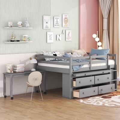 Twin/Full Size Loft Bed with Retractable Writing Desk and 4 Drawers, Wooden Low Loft Bed Frame with Shelves - ModernLuxe