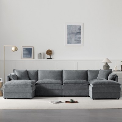YOOCOZZ Double-Cushion Chenille Sectional Sofa with 2 Movable Ottomans and Armrest Pillows