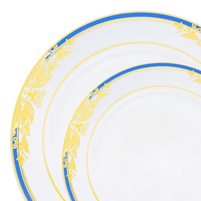 Smarty Had A Party White w/ Blue and Gold Harmony Rim Plastic Dinnerware Set - 120 Sets