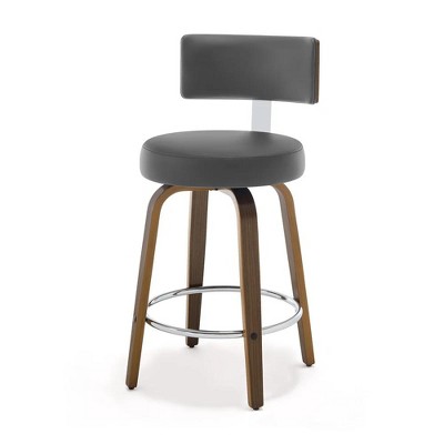 Bekrvio 26" Swivel Counter Height Bar Stools, Faux Leather Upholstered with Back, Walnut Wood Legs, Mid Century Kitchen Island Counter Chairs