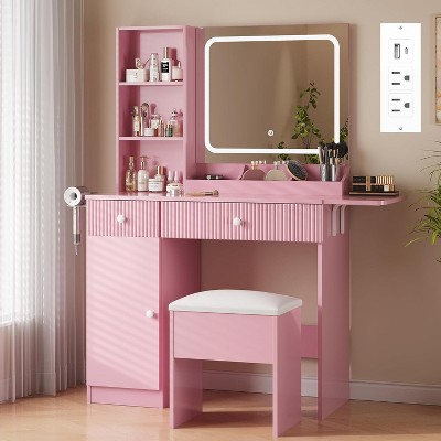 CuisinSmart Makeup Vanity Set, Makeup Desk with 3 Lighting Modes, Drawers & Storage Shelves, Storage Stool, Dressing Table for Bedroom