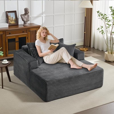 61" Oversized Chaise Lounge Chair Indoor, Cloud Fluffy Chaise Lounges Corduroy Upholstered Sofa Bed w/Throw Pillows