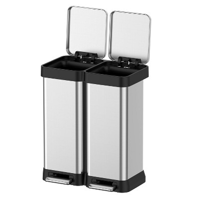 2x8 Gallon Dual Compartment Trash Can, Stainless Steel Garbage Can with 2 Separate Soft-Close Lids for Kitchen Office Bathroom, Without Inner Bucket