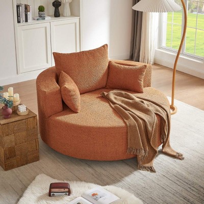 Chenille Upholstered Swivel Barrel Chair, Round Swivel Chair with Removable Pillows for Bedroom,Modern Living Room Lounge Sofa Chair-Koiai