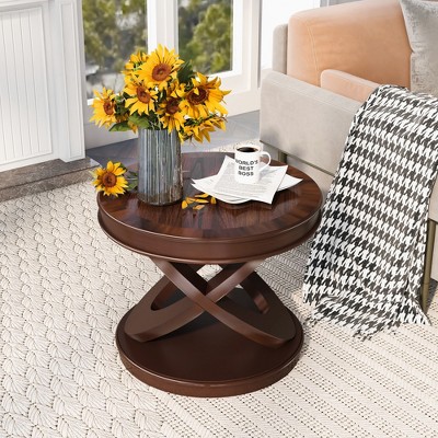 Retro Round End Table Accent Table, Wooden Sofa Side Table with X-Shape Base - ModernLuxe