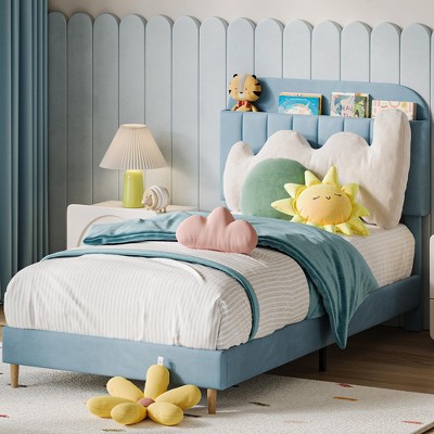 Bed Frame with Bookcase Headboard, Velvet Upholstered Platform - Heavy Duty Steel Legs, Noise-Free, Easy Assembly