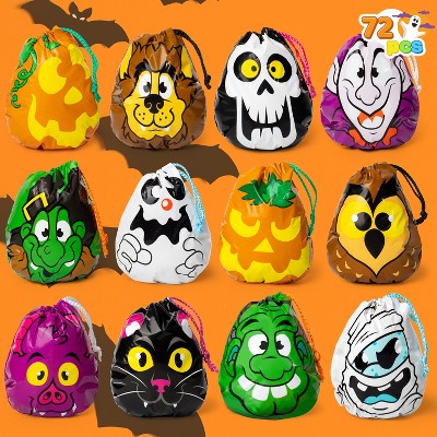 Joyfy Halloween Party Favors 72PCS Plastic Drawstring Goody Candy Bags for Kids Halloween Trick or Treat Gift Bag Bulk Classroom Prizes 12 Designs