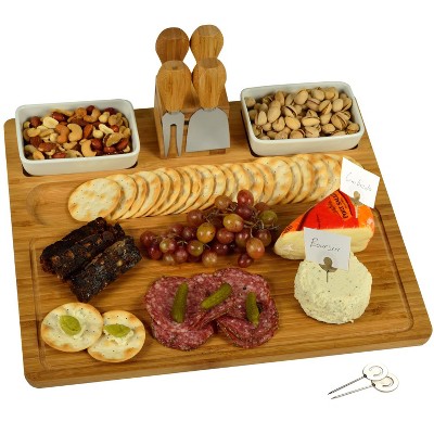 Picnic at Ascot Large Bamboo Charcuterie Board with Cheese Knife Set and Ceramic Dishes