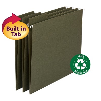 Smead 100% Recycled FasTab  Hanging File Folder,  1/3-Cut Built-In Tab, Letter Size, Moss, 20 per Box (64037)