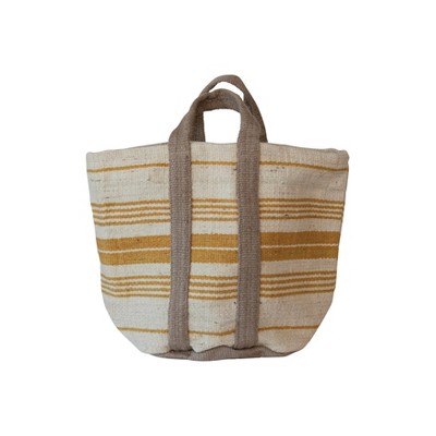 Storied Home Jute and Cotton Tote Bag with Stripes and Handles, Cream, Yellow, and Natural