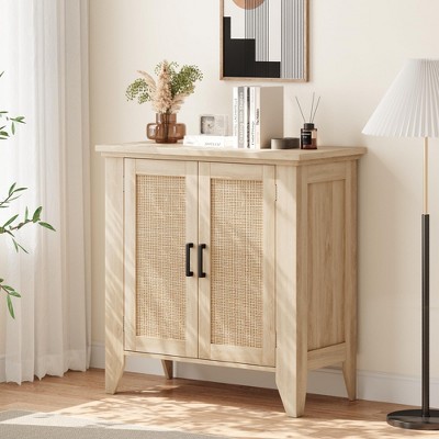 Rattan Storage Cabinet with Doors and Shelves, Sideboard Entryway Console Cabinet, Wood Furniture with Storage for Kitchen and Entryway