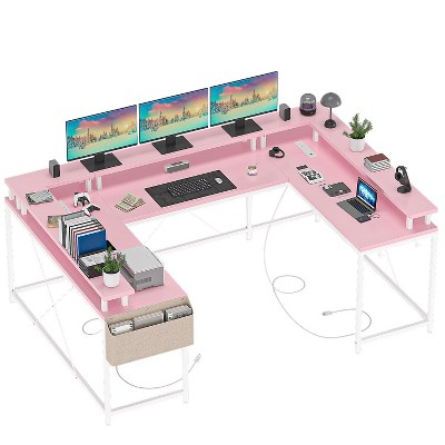 U Shaped Desk, 126 Inch Gaming Desk with Monitor Stand and LED Lights, Reversible Shaped Large Computer Desk with Power Outlets, Office Desk