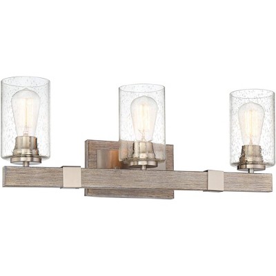 Franklin Iron Work Poetry Farmhouse Rustic Wall Light Brushed Nickel Wood Grain Hardwire 23 1/2" 3-Light Fixture Clear Seedy Glass Shade for Bedroom