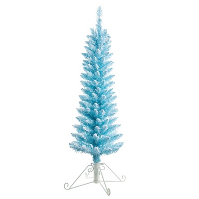 4ft Pre-Lit Flocked Fir Artificial Christmas Tree Cotton Candy Blue - Haute Décor: Slim & Seasonal Decor