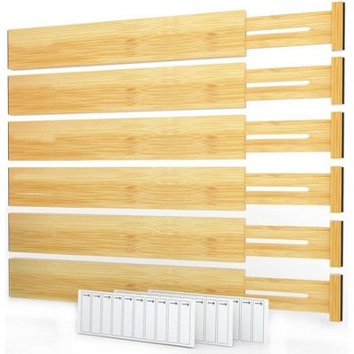 Set of 6 Bamboo Expandable Drawer Dividers with Labels (17-22 in)