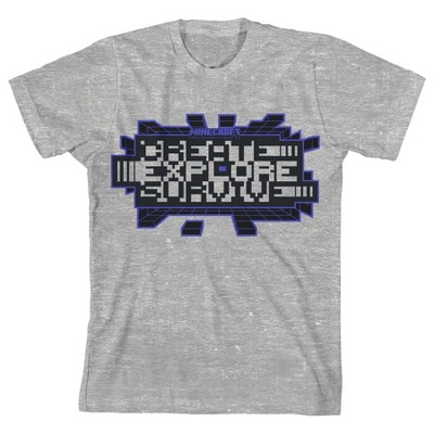 Minecraft Create, Explore, Survive Distortion Clash Trend Graphic Youth Boys Athletic Heather Gray T-Shirt