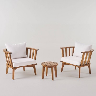 Chilian 3pc Acacia Wood Chair and Table Set - Teak/White - Christopher Knight Home: Weather-Resistant with Cushions