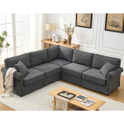 Modular L Shaped Sectional Sofa Couch, 94" Reversible 5-Seat Corner Sofa with Rolled Arms, Upholstered Linen Fabric, Comfy Sleeper Sofa