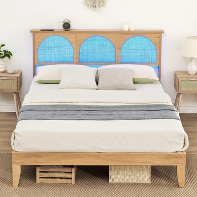 Full/Queen Size Bed Frame with Rattan Headboard, Platform Bed with LED Lights & Wooden Support Legs, No Box Spring Needed