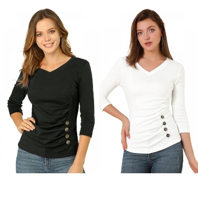 INSPIRE CHIC Women's V Neck 3/4 Sleeves Solid Knitted Buttons Decor Ruched Blouse 2 Packs